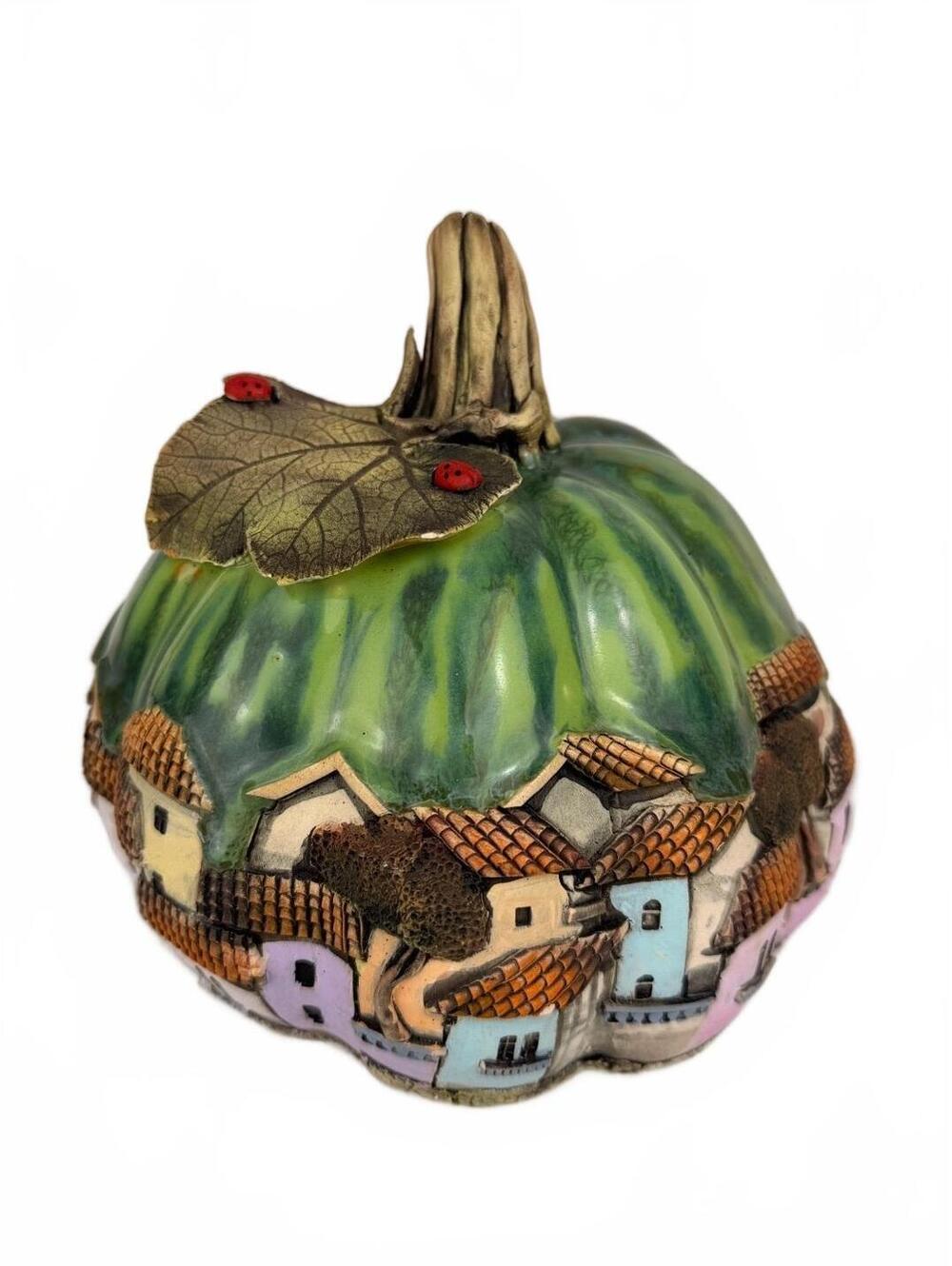 Ecuador Shops Handmade Green Ceramic Pumpkin Village Sculpture Collectible Decor